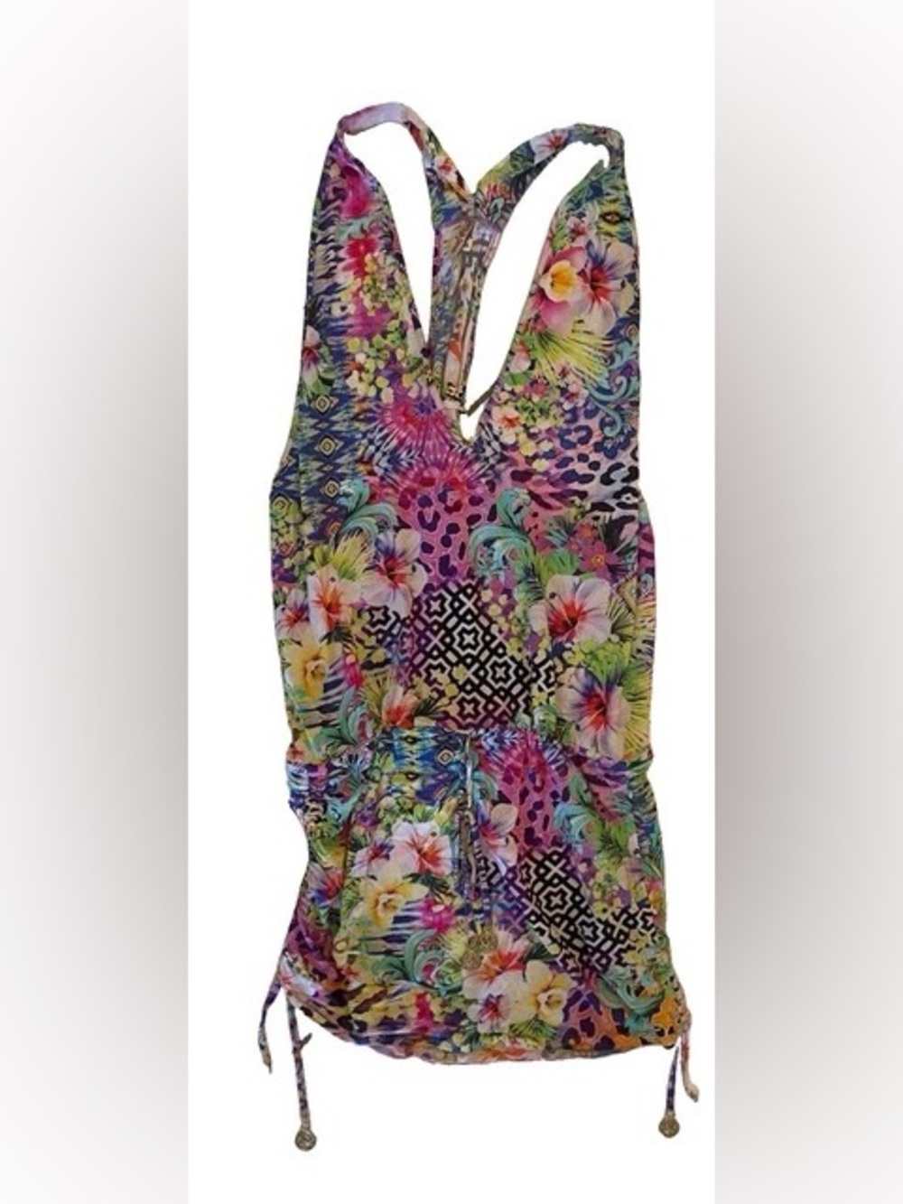 Luli Fama Swim Cover Up Dress XS Tropical Racerback Ruched Side Drawstring